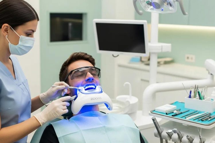 "Dentista aplicando tratamiento de blanqueamiento Zoom."