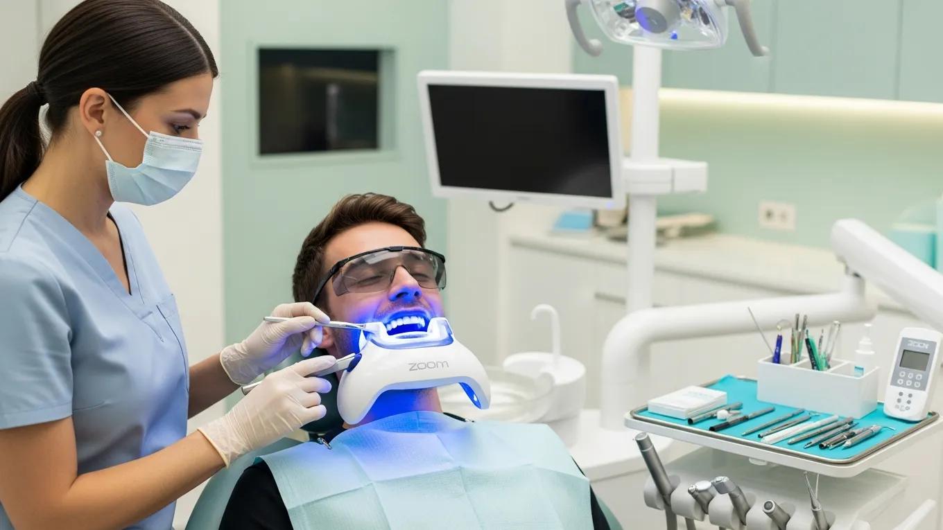 Dental professional applying Zoom whitening treatment in a modern clinic